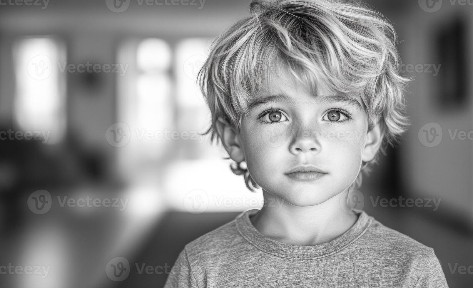 Pensive young boy indoors. A young boy stands quietly indoors, gazing directly at the viewer with a thoughtful expression and tousled hair. photo