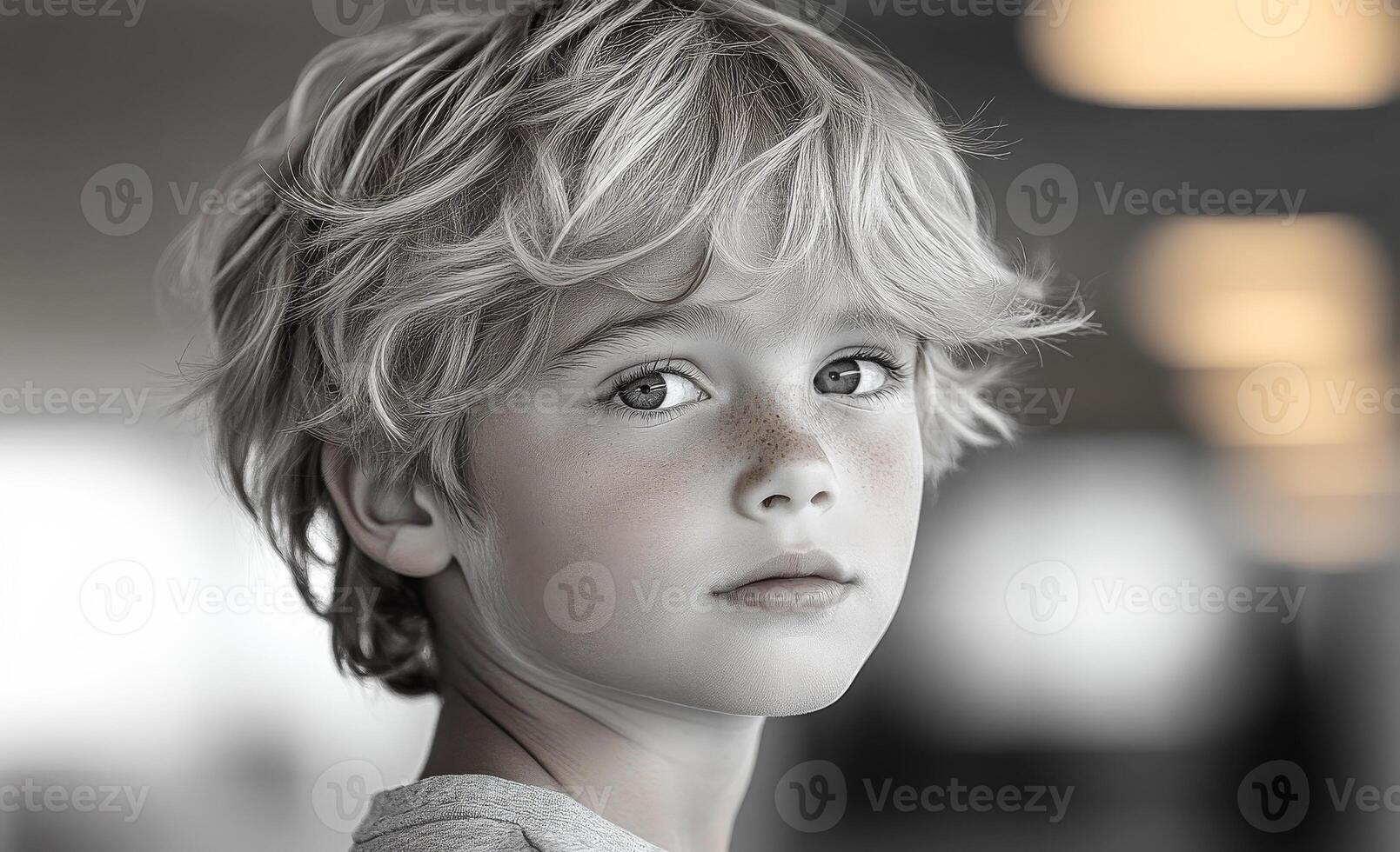 Curly-haired boy in soft light. A young boy with curly blond hair gazes thoughtfully in a softly lit space, capturing a moment of contemplation. photo