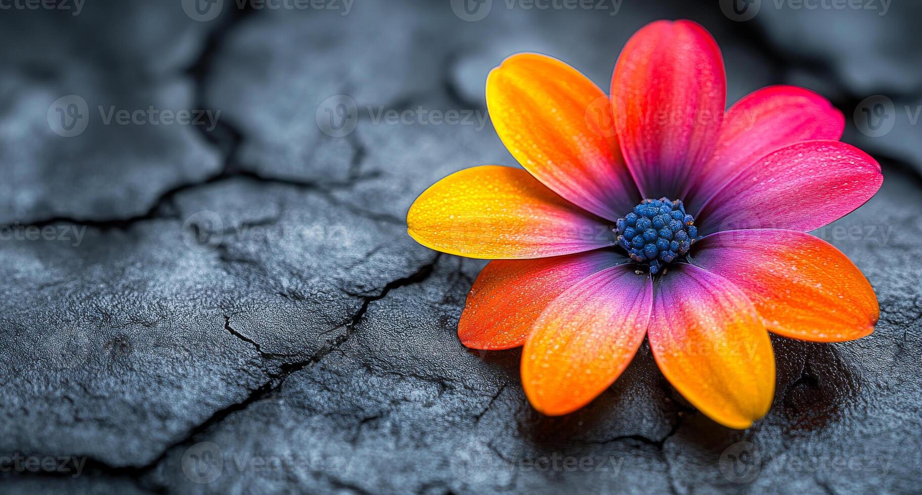 Flower on cracked ground. A vibrant flower with orange and pink petals rests on a dry, cracked ground, showcasing beauty in resilience. photo
