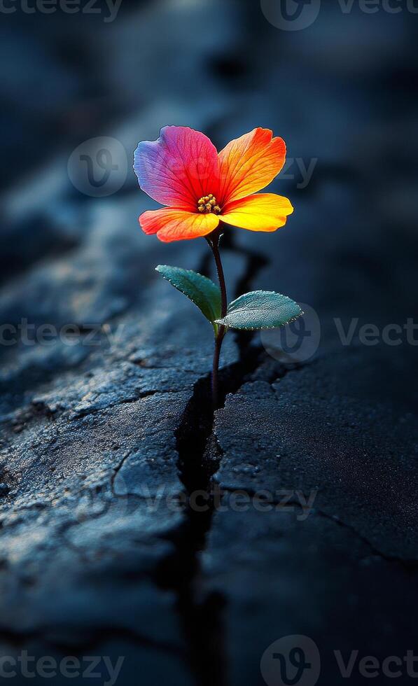 Flower blooms from cracked earth. A vibrant flower grows through a fissure in dark earth, symbolizing resilience amidst challenges and harsh conditions. photo