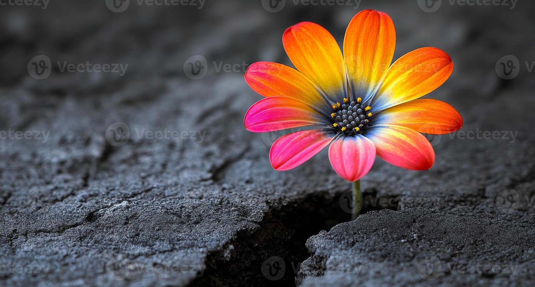 Flower blooms in stone cracks. Bright flower with orange and pink petals emerges from a crack in dark, textured stone, showcasing nature's resilience. photo