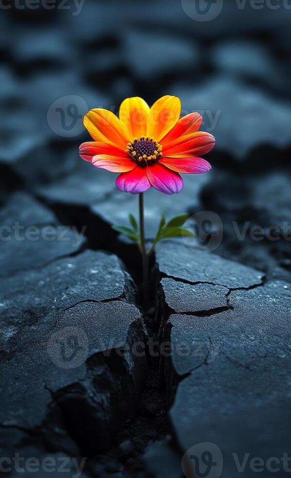 Bold flower blooms through cracked earth. Vibrant flower in shades of orange and pink emerges from dry, cracked soil, symbolizing resilience and beauty. photo