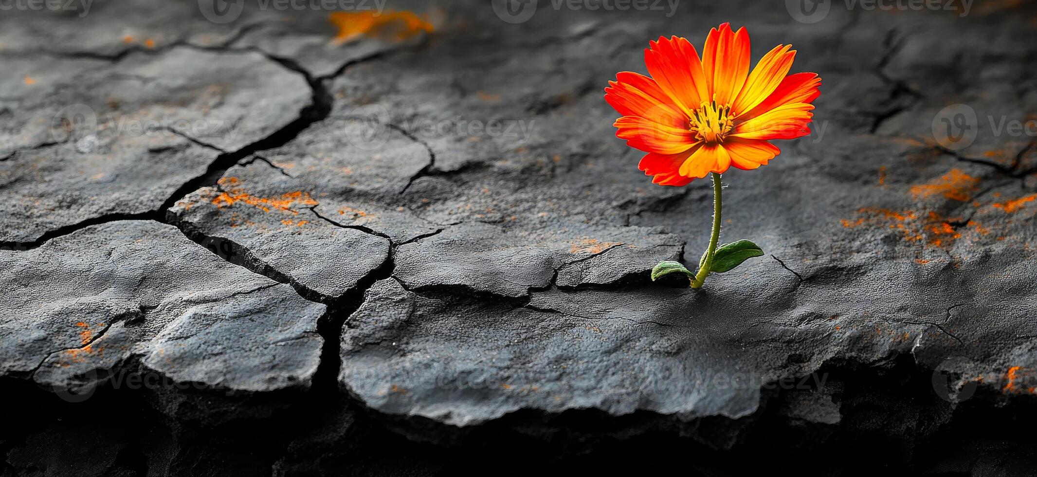Bright flower blooms from cracked ground. A vibrant orange flower emerges from a barren, cracked landscape, symbolizing resilience in harsh conditions. photo