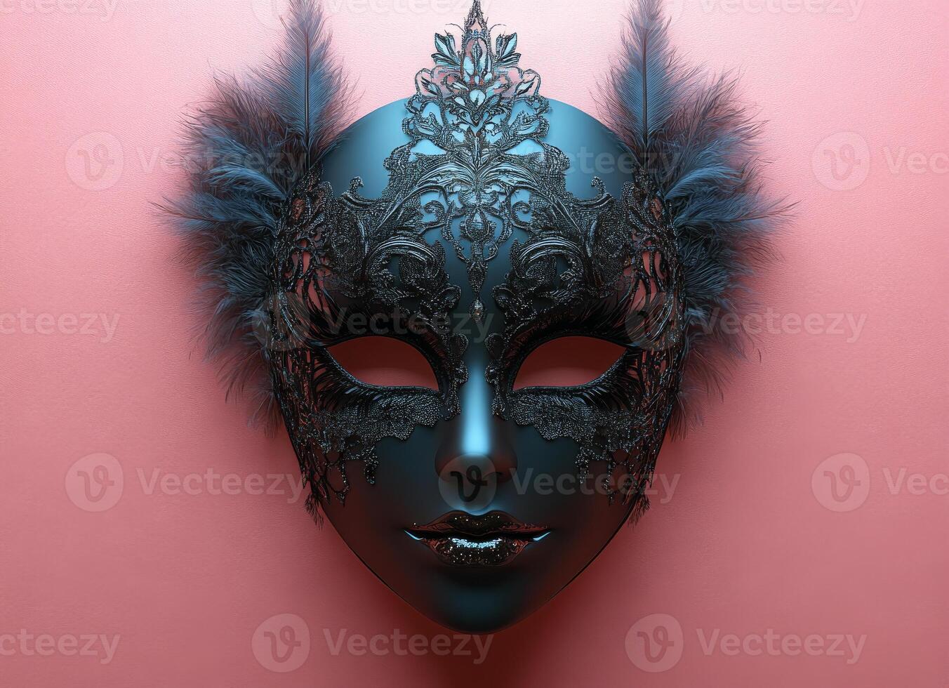 Elegant black lace mask with feathers. This mask has intricate black lace and feathers on a soft pink background for an artistic touch. photo