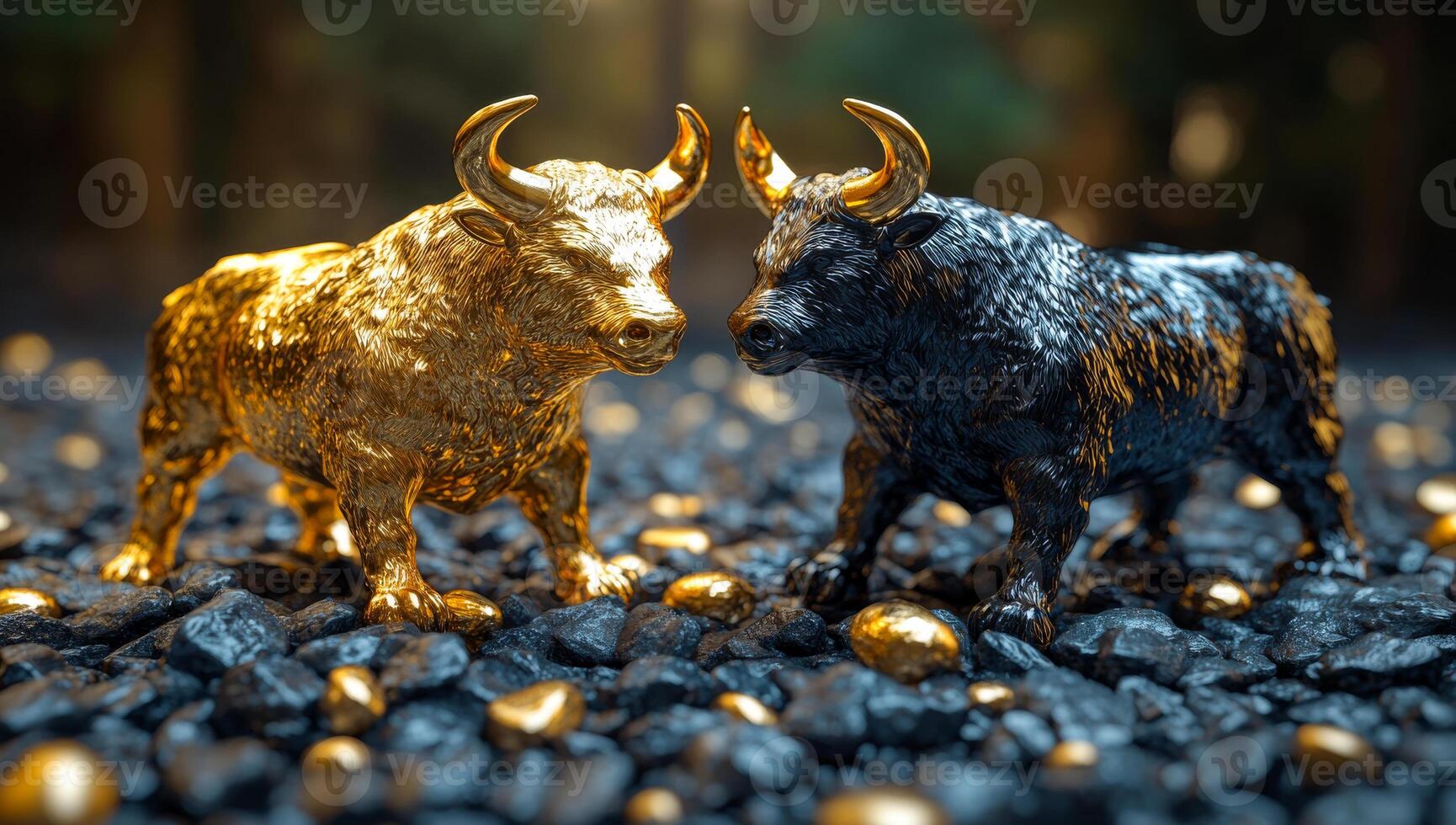 Bull art duel in bright light. Golden and black bull sculptures face on a textured surface, lit warmly for a dramatic effect. photo