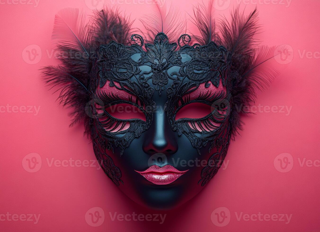 Feathery black mask design. Elaborate black mask adorned with lace and feathers against a vibrant pink background, showcasing artistic design. photo