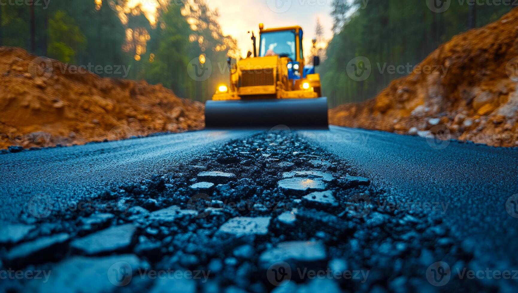 Roadwork with heavy machinery. A road roller smooths asphalt on a construction site surrounded by trees during sunset. photo