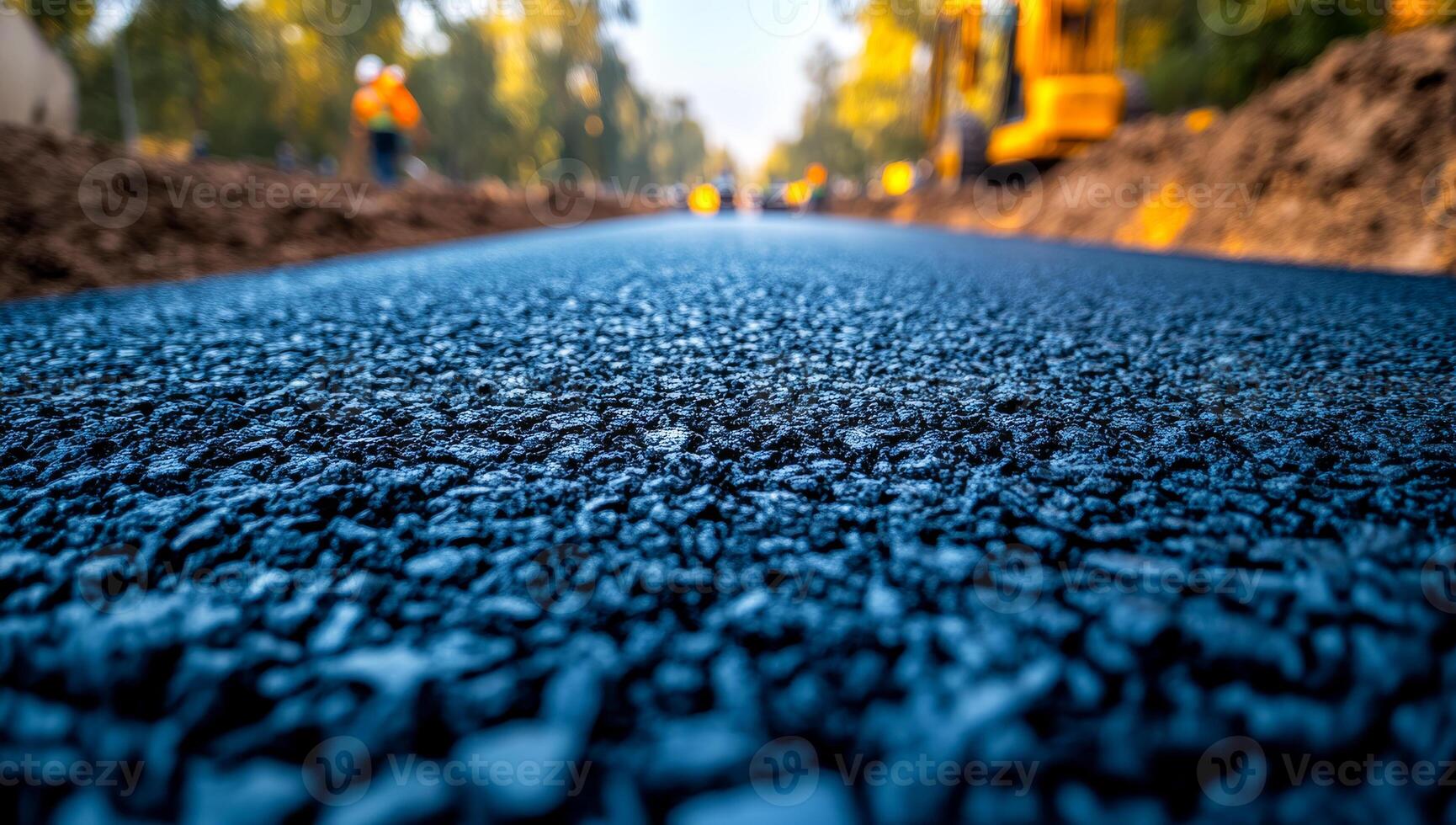 New asphalt road being built. Workers are busy laying down fresh asphalt for a new road under a clear sky, enhancing the areas infrastructure. photo