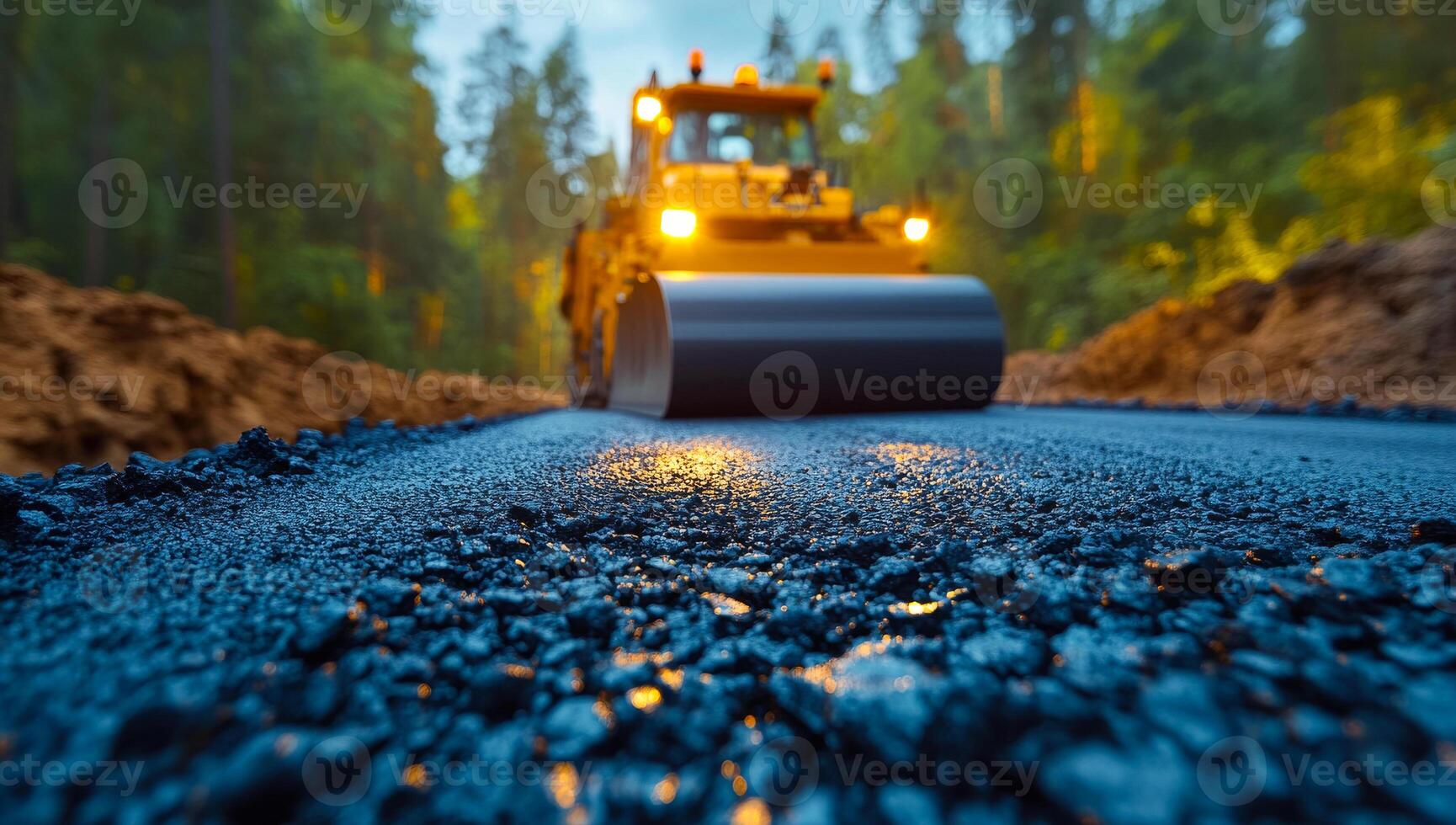 Machines lay asphalt at dawn. A road roller compacting freshly laid asphalt in a forested area during early morning light, creating a smooth surface. photo