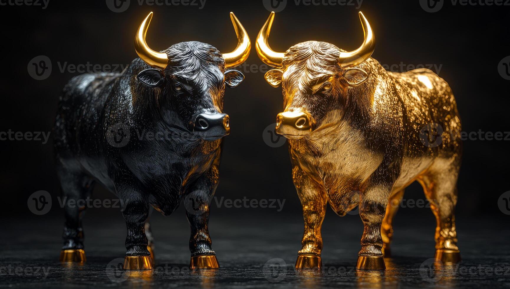 Bull symbols of wealth and power. Two bull figures, one black and one gold, represent prosperity and strength, set against a dark background. photo