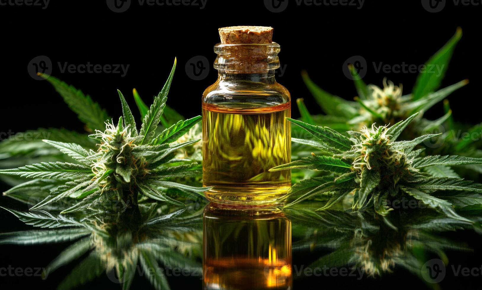 Oil bottle with cannabis plants. A glass bottle filled with golden oil is placed on a reflective surface with fresh cannabis leaves and buds around it. photo