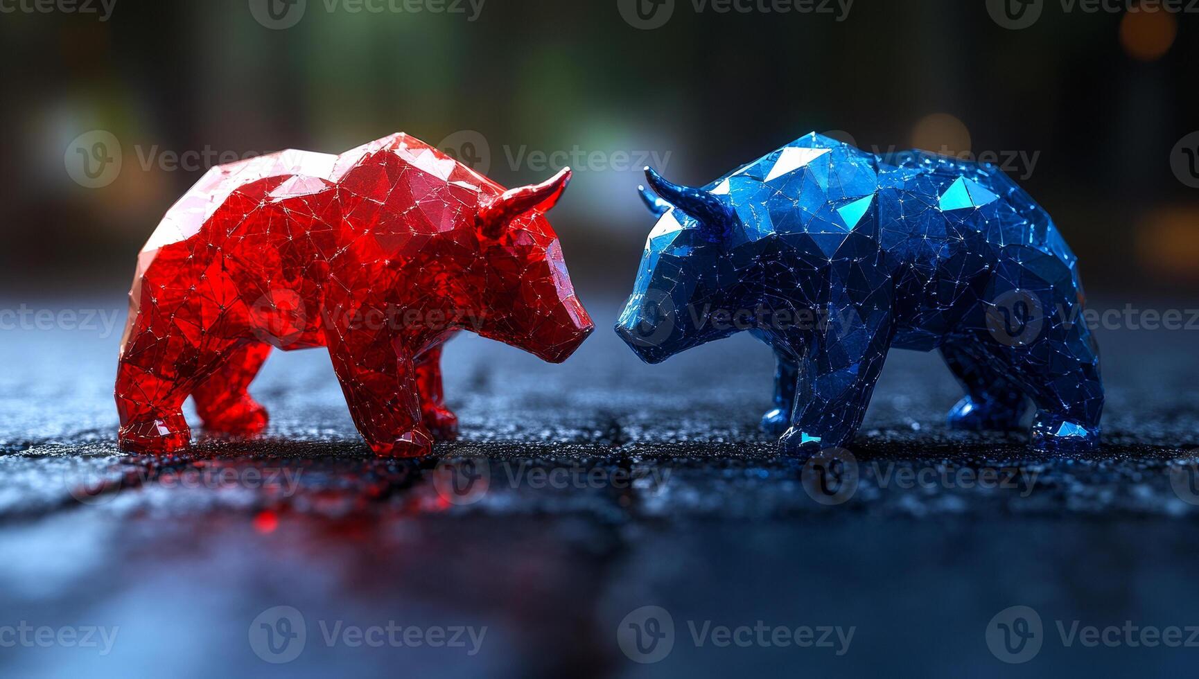 Bull vs. bear on wet street. Red bear and blue bull figures are positioned closely on a shiny wet surface at dusk, reflecting a trading rivalry. photo