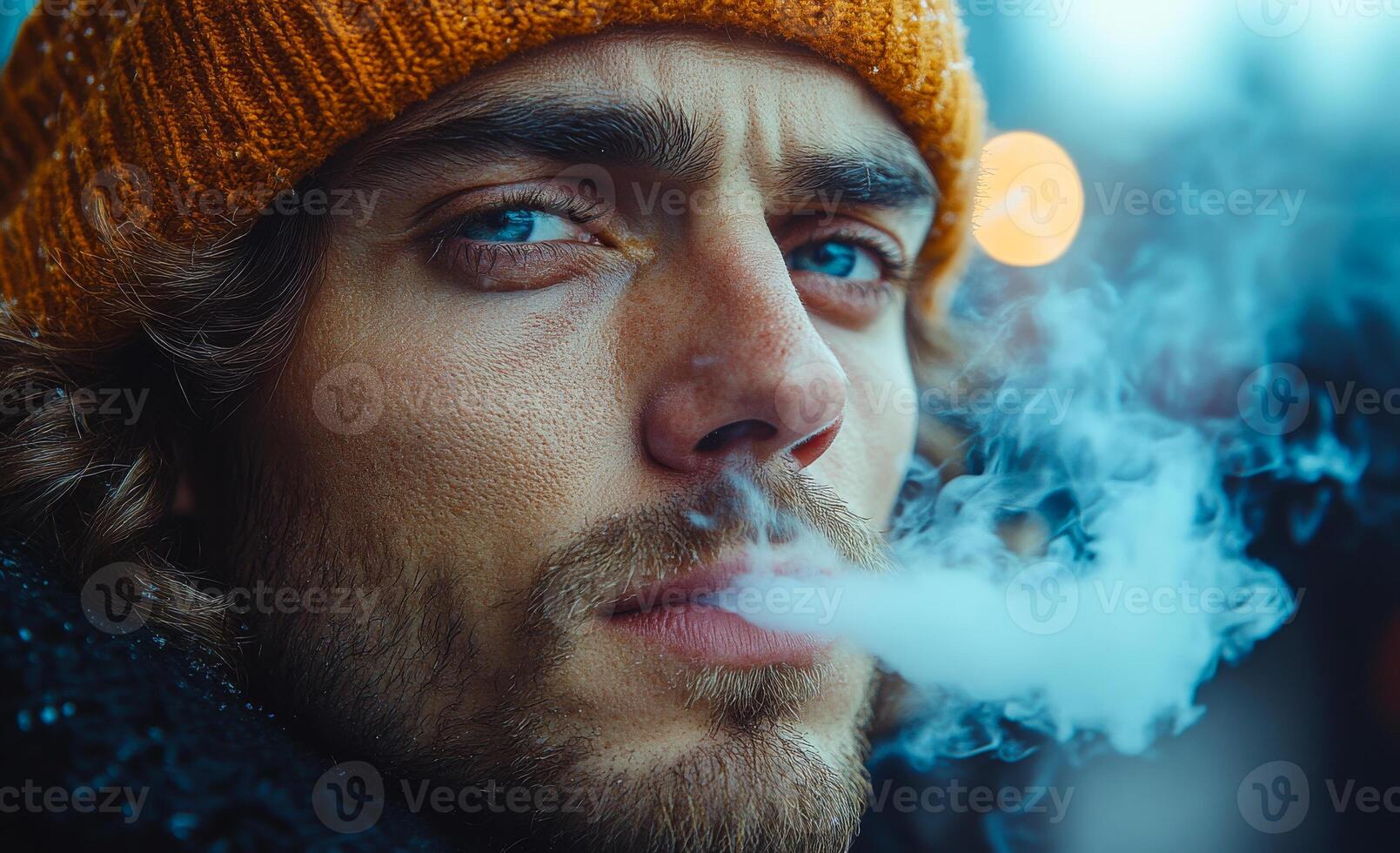 Man with curly hair smokes in winter. A young man wearing an orange hat exhales smoke into the chilly air while looking into the distance. photo