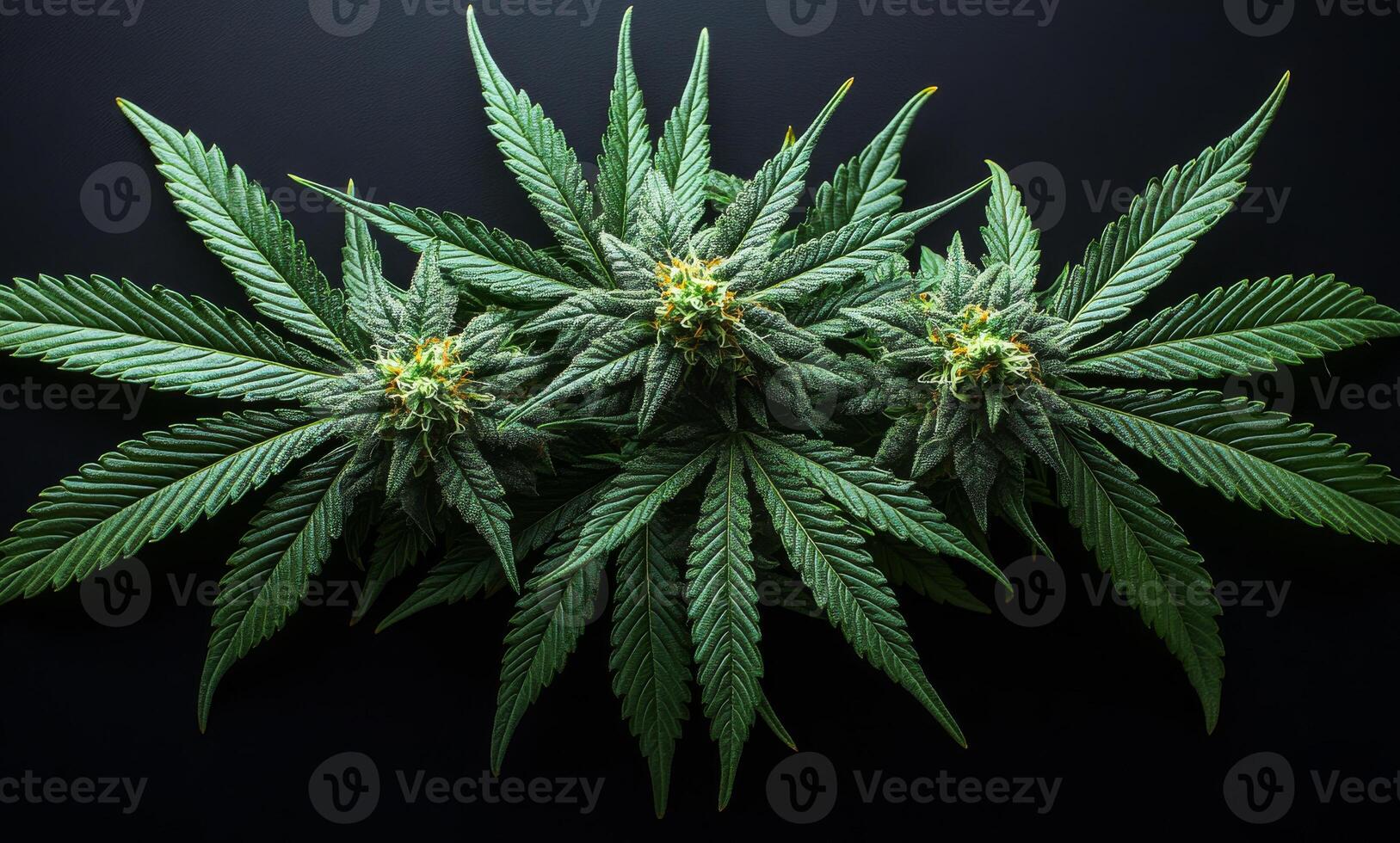 Growing cannabis on dark surface. Three healthy cannabis plants with lush green leaves and buds arranged symmetrically against a dark background. photo
