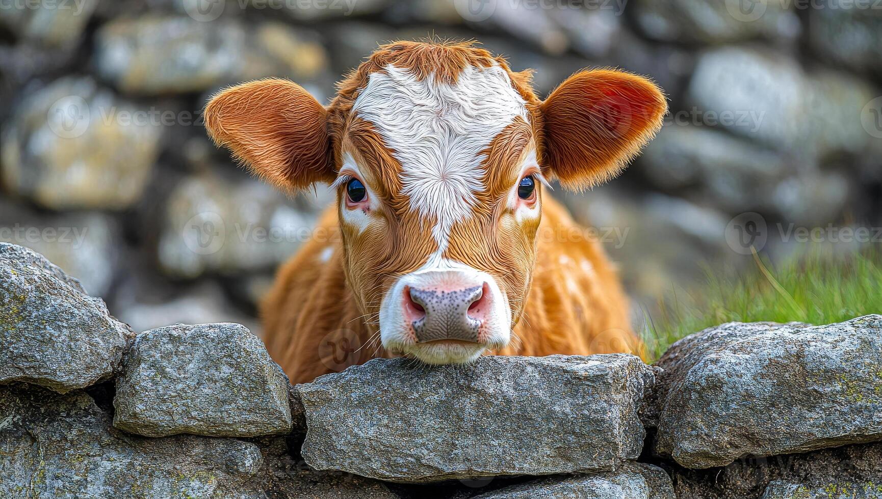 Brown calf peering over wall. A young brown calf looks over a rustic stone wall in a serene rural setting during daylight hours. photo