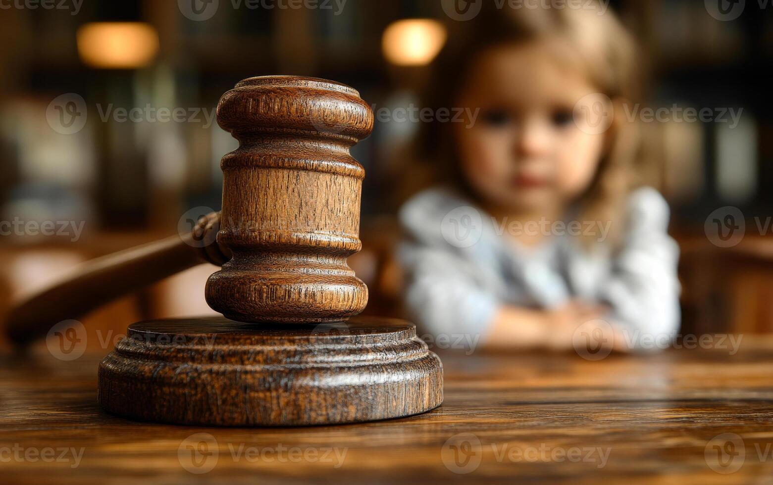 Child observing a gavel in a courtroom. A child quietly observes a wooden gavel in a courtroom, filled with curiosity and contemplation. photo