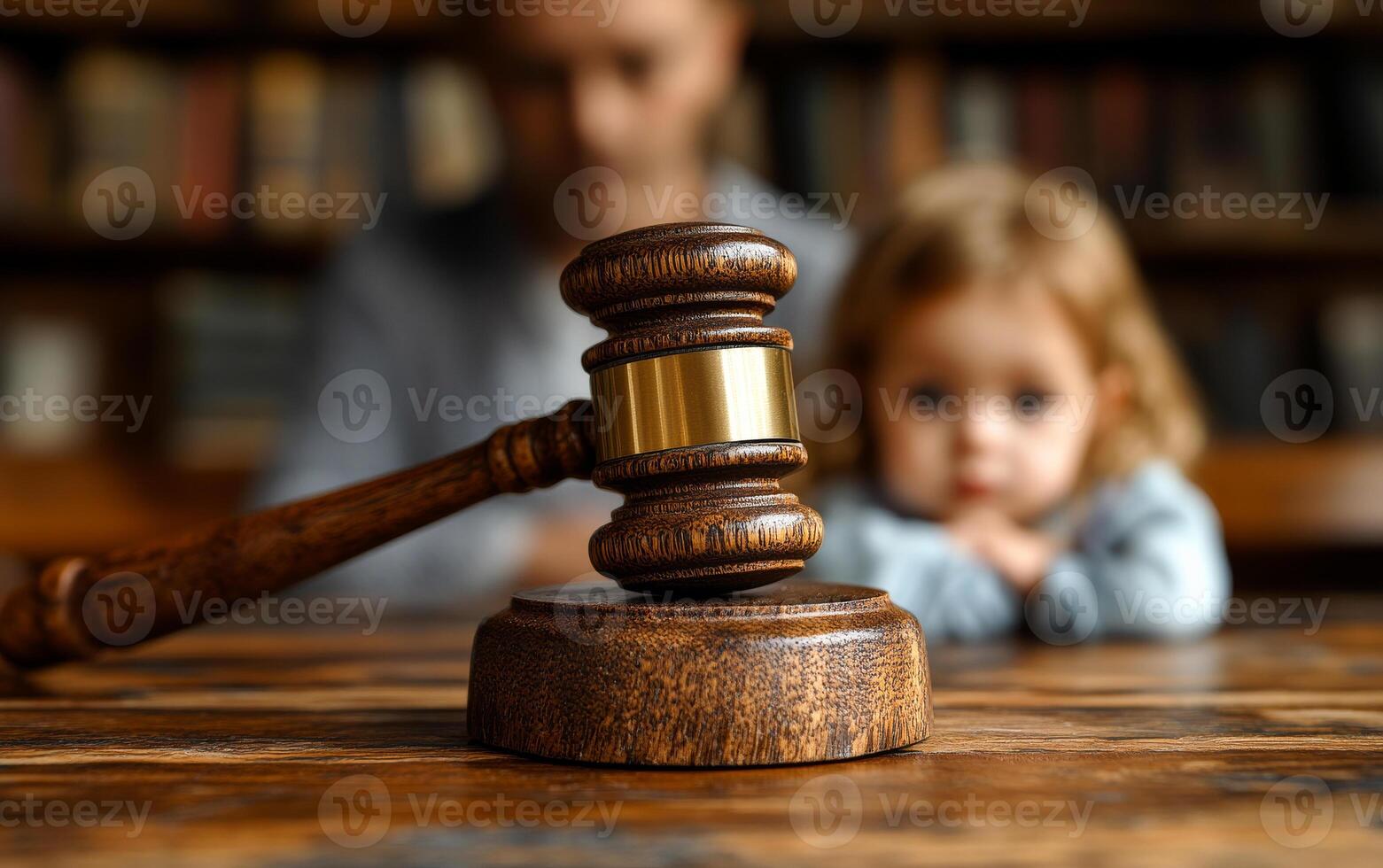 Courtroom setting with child and gavel. A child observes intently as a gavel rests on a wooden table in a courtroom library filled with books. photo