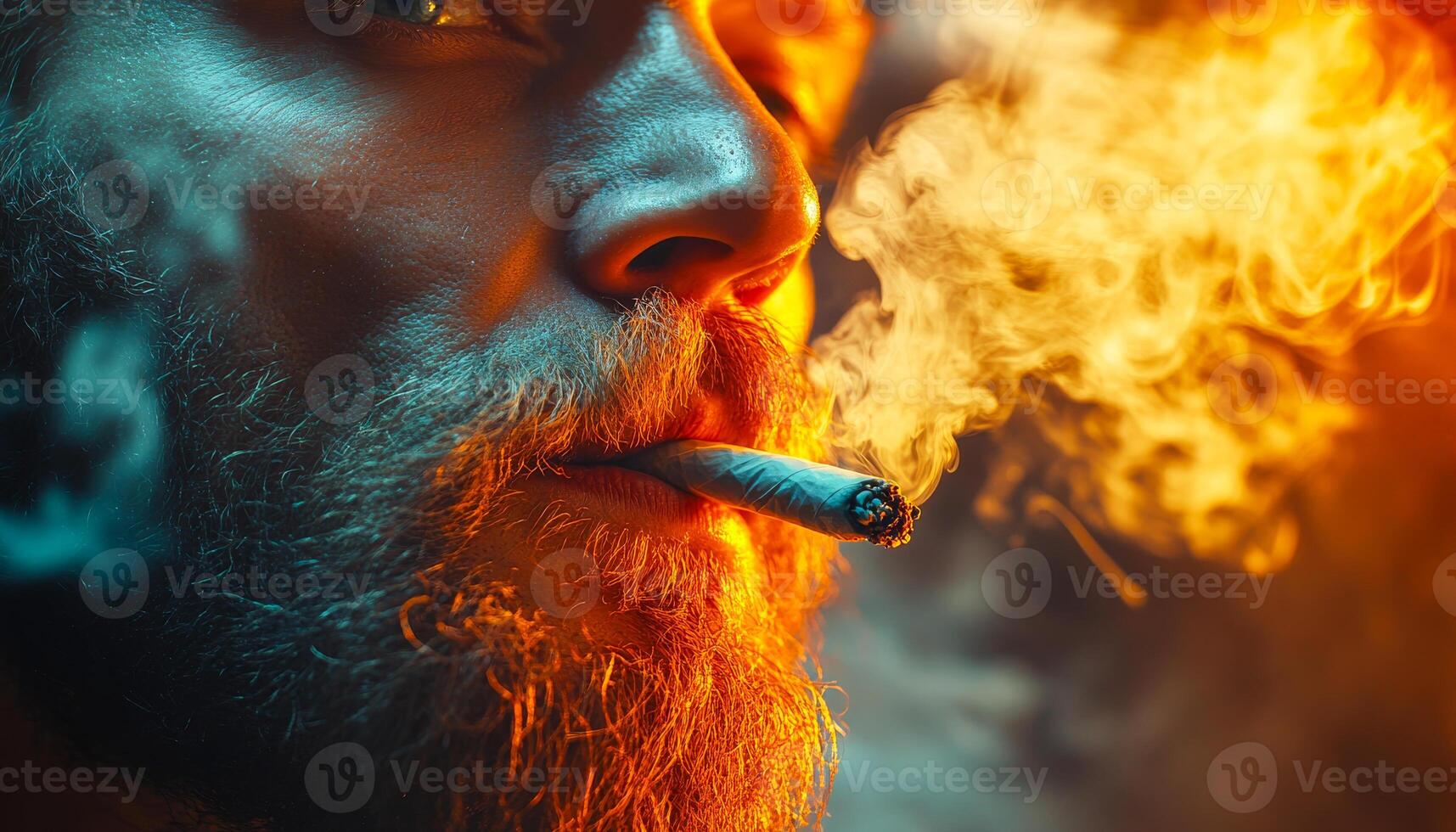 Bearded man smoking in haze. A close-up of a man with a beard, smoking a cigarette surrounded by colorful smoke, creating an atmospheric vibe. photo