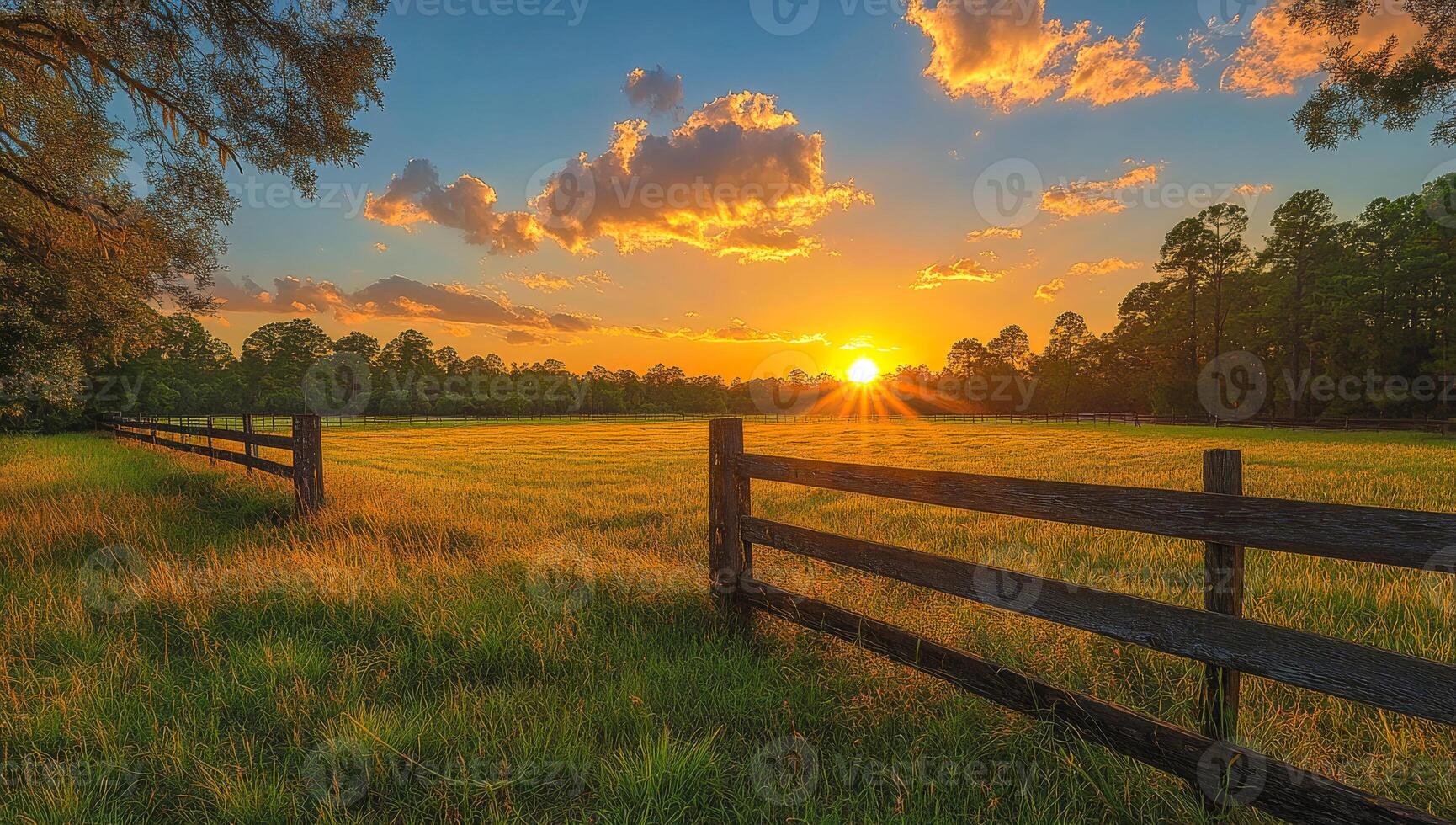 Sunset over a peaceful grassy field. Golden rays of the setting sun illuminate a serene grassy field, surrounded by a rustic wooden fence. photo
