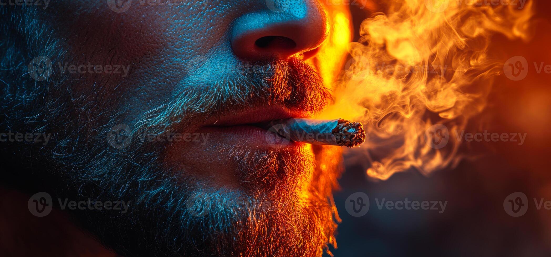 Man smokes in bright settings. A man with a beard smokes a cigarette amidst colorful, smoky hues at dusk, enjoying a quiet, reflective moment. photo