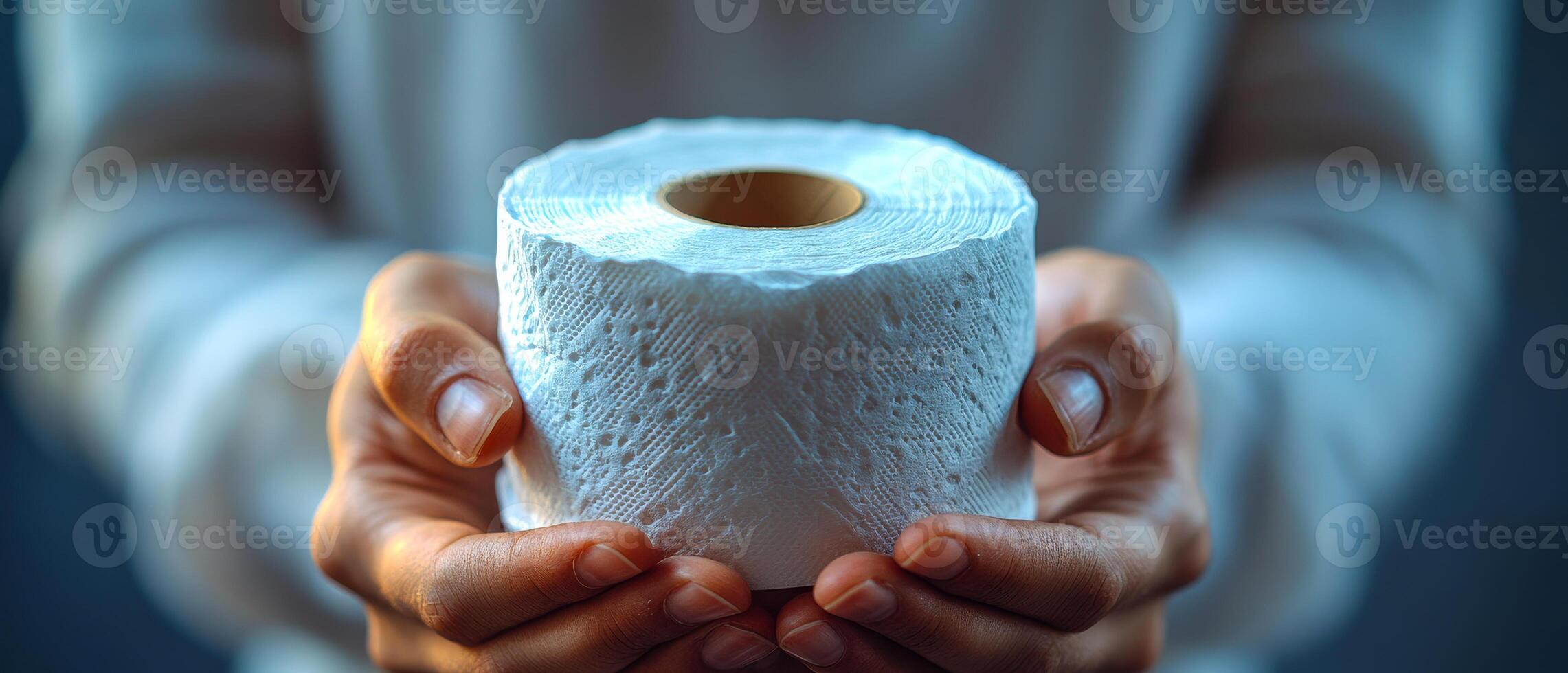 Person holding a roll of toilet paper. Individual presents a roll of toilet paper with hands, highlighting the essential household item during a sunny day. photo