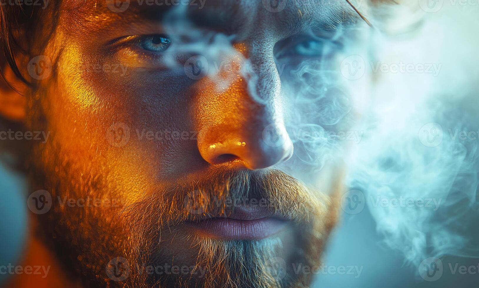 Man in smoke with intense gaze. A man with piercing blue eyes stares confidently as smoke swirls around his face, creating a moody vibe. photo