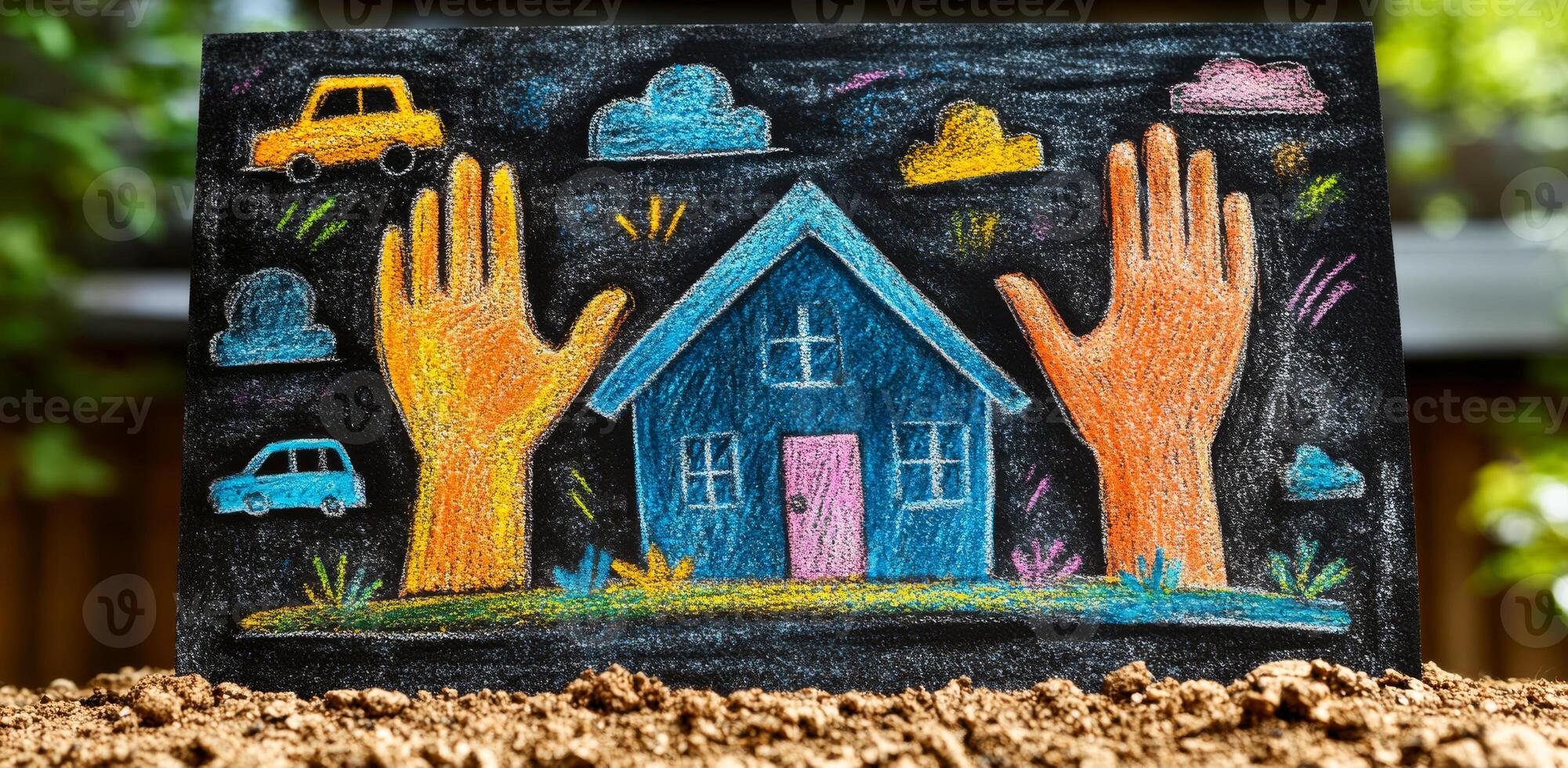Bright chalk drawing of a home and hands. Chalk art shows a house with hands, cars, and clouds on a dark background, representing community spirit. photo