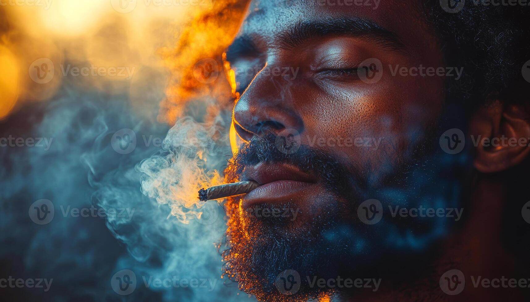Man finding peace outside. A man with curly hair and a beard exhales smoke while lost in thought during sunset in a serene environment. photo