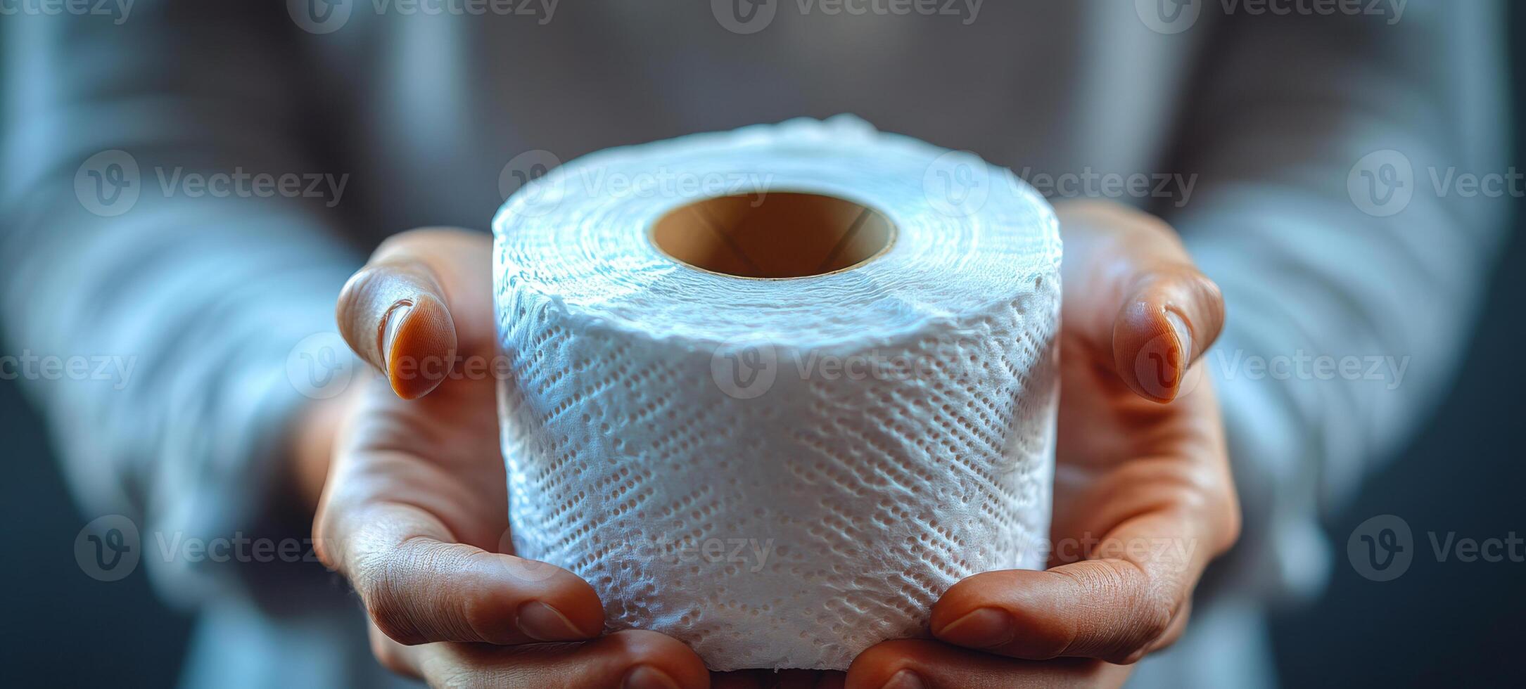 Holding a roll of toilet paper in hands. A person is presenting a roll of toilet paper, showcasing the texture and quality of the product in a close-up view. photo