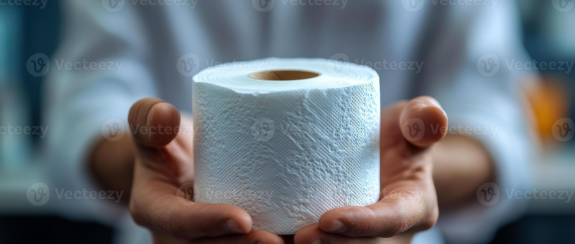 Holding tissue rolls indoors. A person extends their hands with a roll of tissue paper while indoors, showcasing its seamless texture and utility. photo