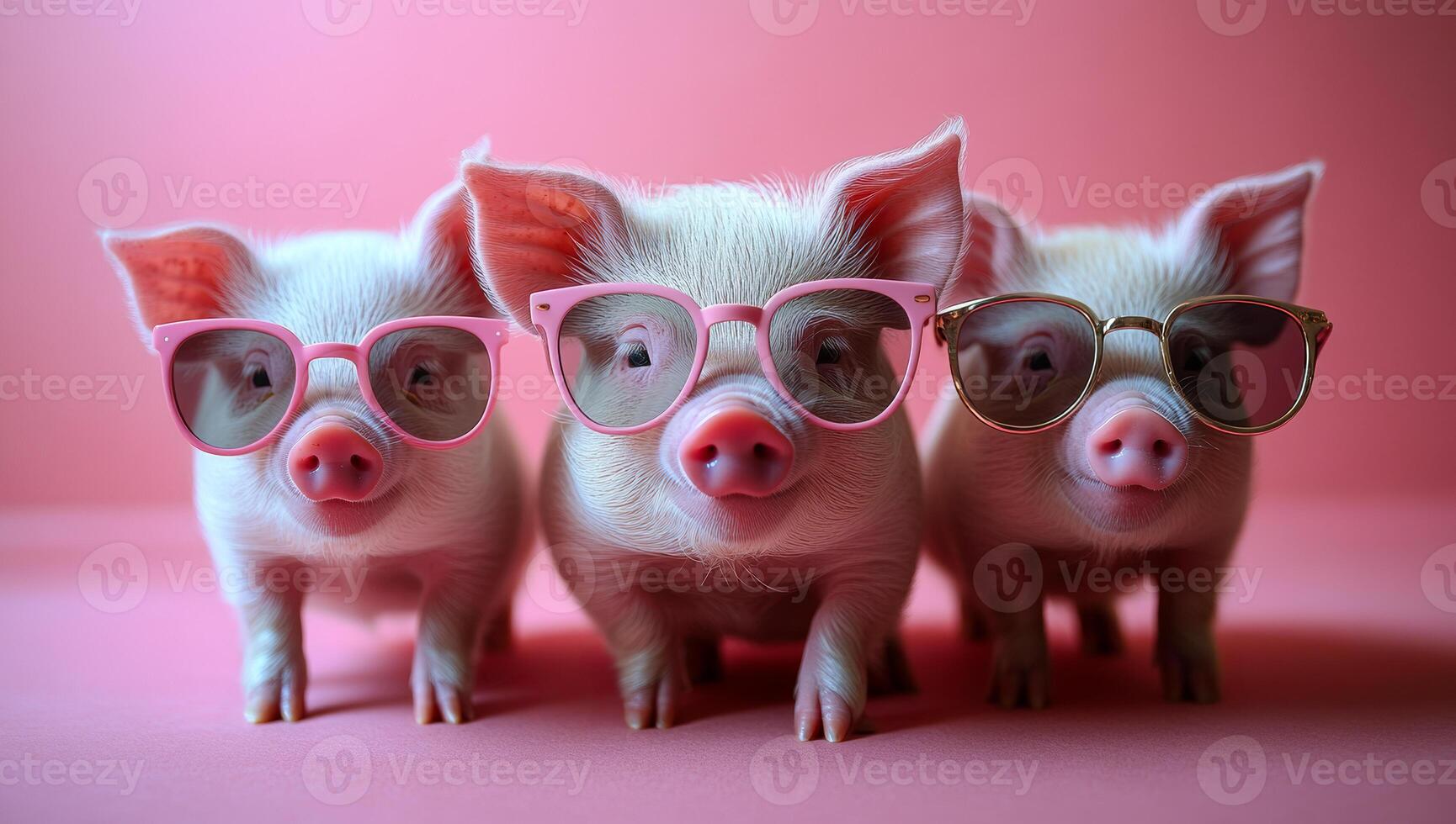 Glasses-wearing cute pigs pose. Three adorable pigs sporting stylish glasses stand together against a pink background, creating a cheerful atmosphere. photo