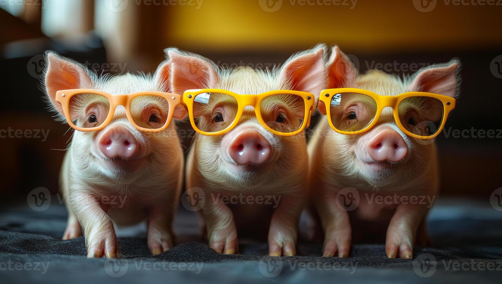 Cute pigs wearing glasses in indoors. Three playful pigs with bright yellow glasses pose together indoors, showing off their quirky personalities. photo