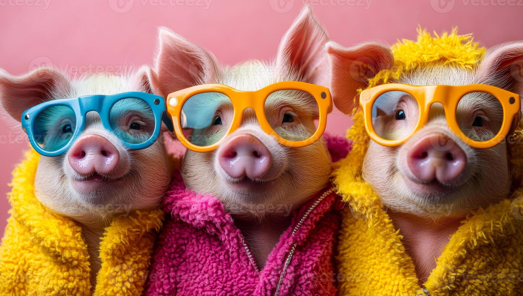 Three playful pigs in colorful glasses. Three adorable pigs wear colorful glasses and cozy outfits, showcasing a playful and fun atmosphere. photo