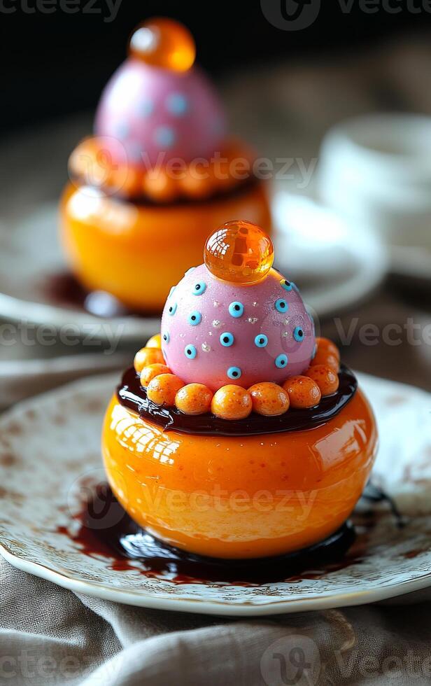 Vibrant dessert with unique toppings. Vibrant dessert features bright orange base with decorative purple and orange elements, set on a rustic plate. photo