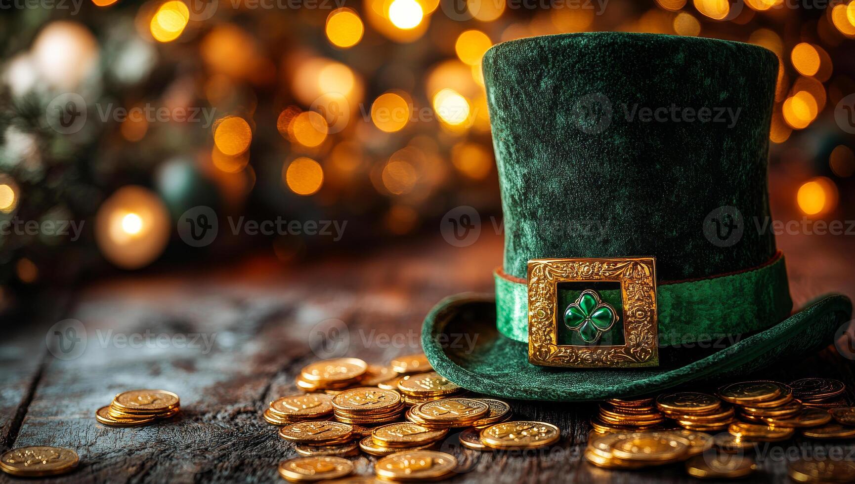 Festive hat for St. Patrick's. A green leprechaun hat sits on a wooden table, surrounded by gold coins, for a festive St. Patrick's Day. photo