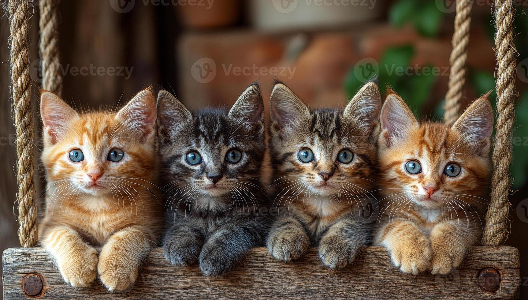 Four adorable kittens relaxing on swing. Four playful kittens rest together on a wooden swing, showcasing their colorful fur and bright blue eyes. photo