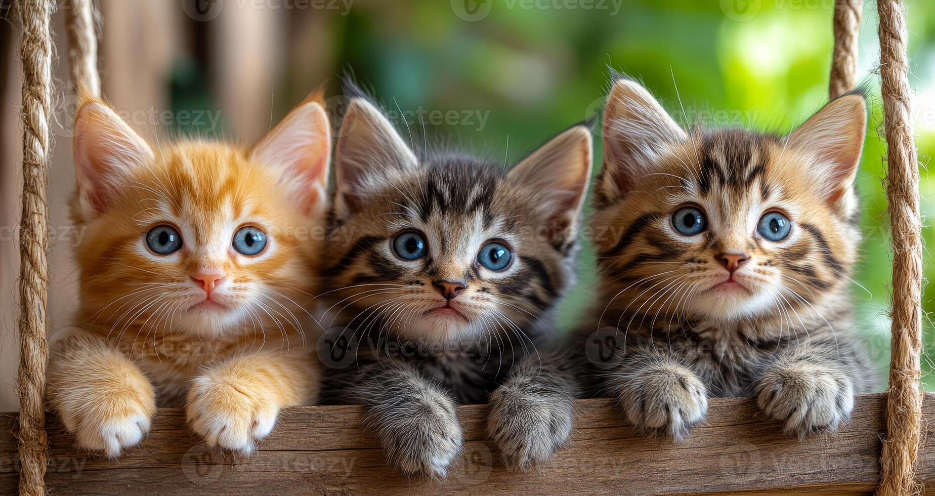 Three playful kittens perched on a ledge. Three cute kittens lean over a wooden ledge, playfully posed against a bright green backdrop. photo