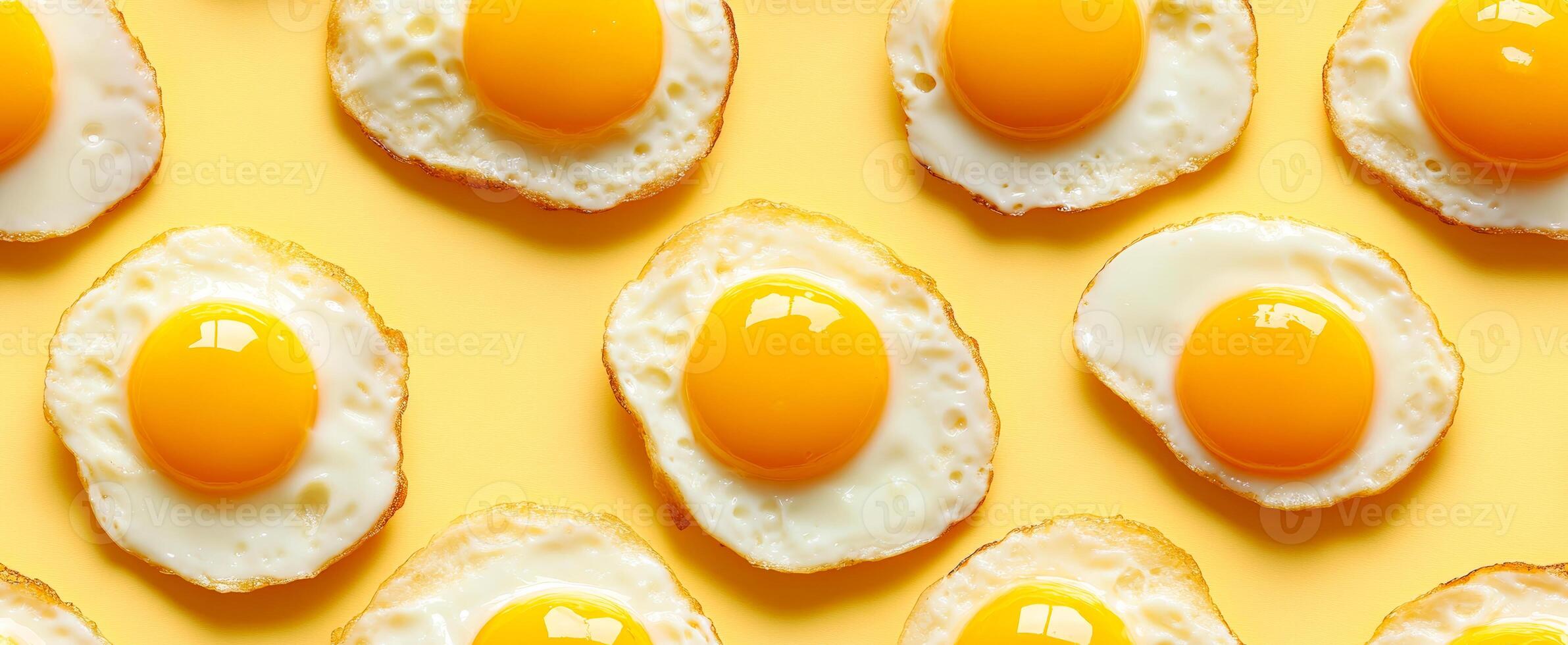Colorful fried eggs on yellow. Several fried eggs are arranged neatly on a vibrant yellow surface, showcasing their golden yolks and crisp edges. photo