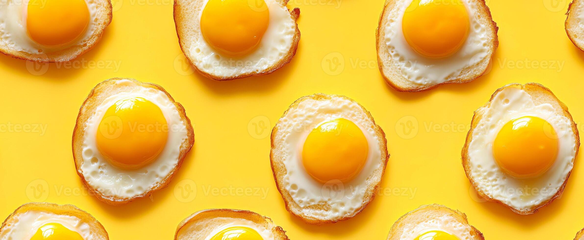 Sunny eggs on yellow bg. Multiple fried eggs are arranged on a vibrant yellow surface, showcasing their bright yolks and crispy edges. photo
