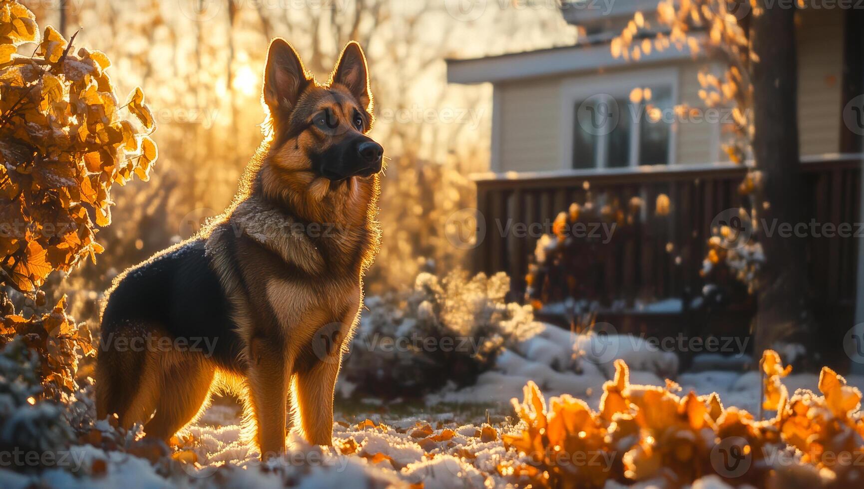 Dog enjoying a sunny autumn evening. A German shepherd stands in a snowy yard scattered with autumn leaves at sunset, exuding warmth and calm. photo