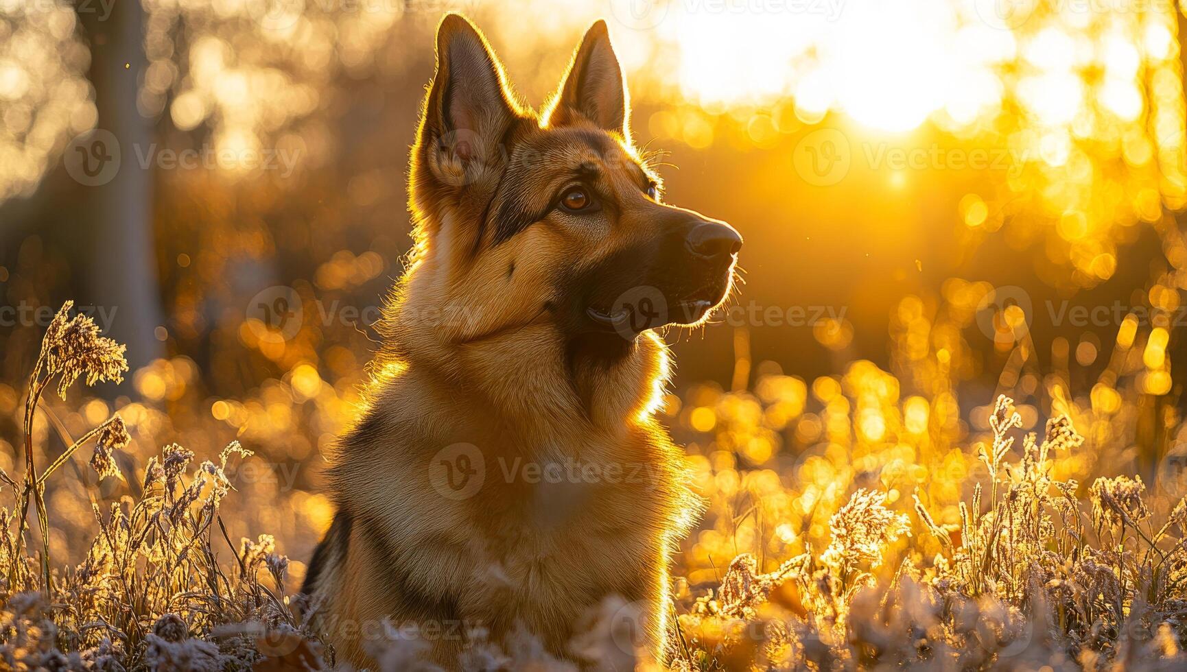 Golden hour lighting on a beautiful dog. A dog sits in a field during sunset, surrounded by tall grass illuminated by warm golden light. photo