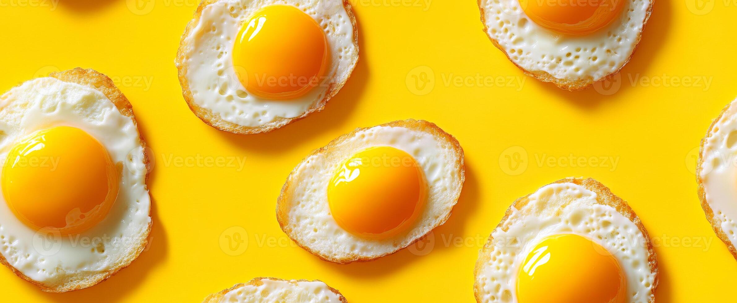 Eggs on yellow background. Fried eggs are neatly arranged on a vibrant yellow background, showcasing their golden yolks and white edges. photo