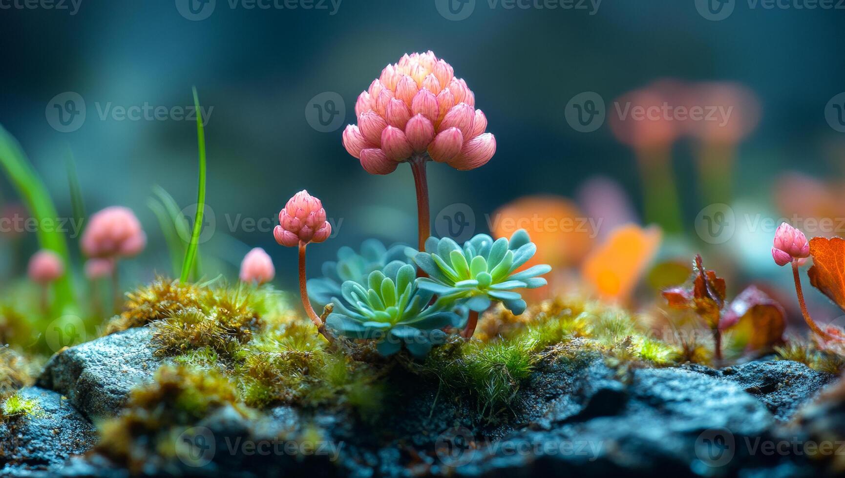 Vibrant blooms in calm surroundings. Delicate pink and green plants emerge from moss and rocks, creating a vibrant natural display in a tranquil setting. photo