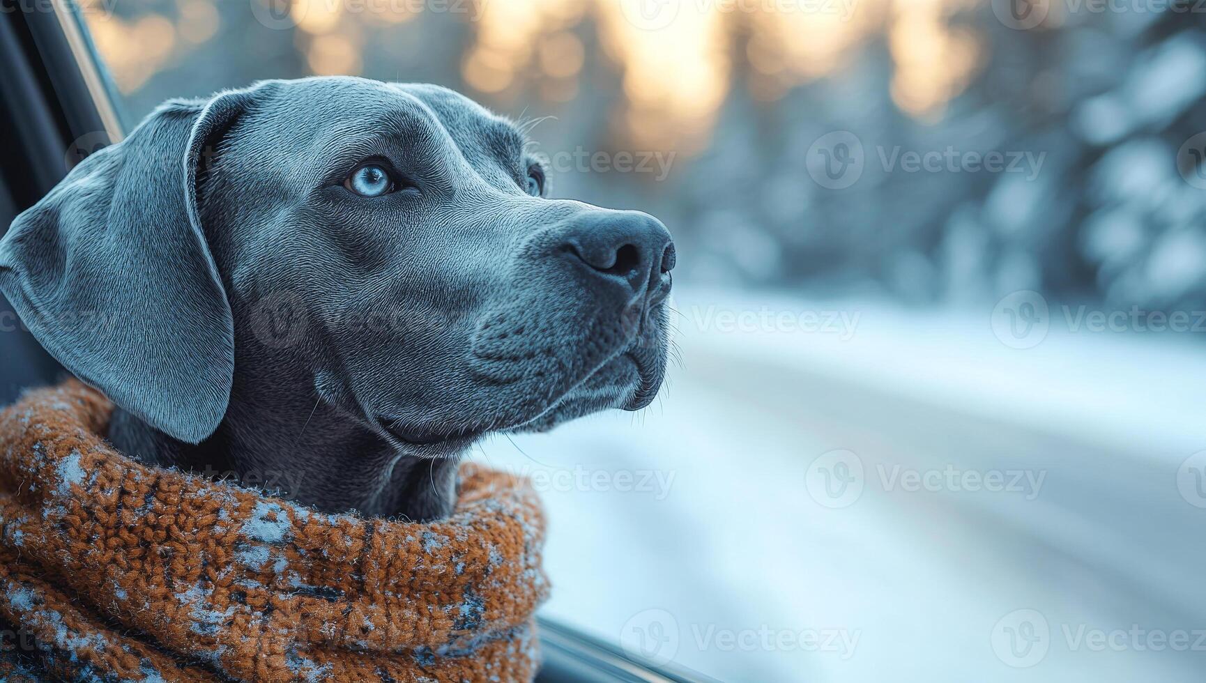 Dog on a winter road trip. A dog with striking blue eyes gazes out the window during a winter road trip, wrapped in a cozy sweater. photo