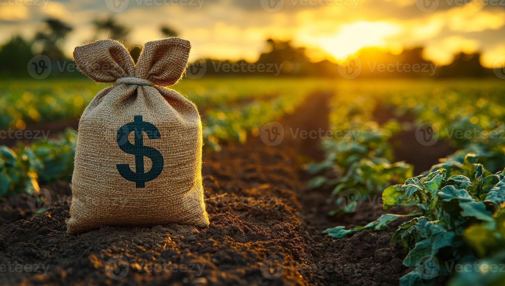 Money bag on a farm at sunset. A burlap sack with a dollar sign stands in a field of crops under a vibrant sunset sky. photo