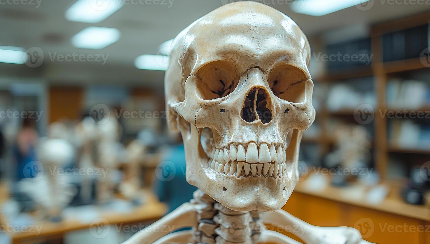 Skeleton for education. A realistic skeleton is prominently shown in a well-lit laboratory setting, surrounded by models and students studying. photo