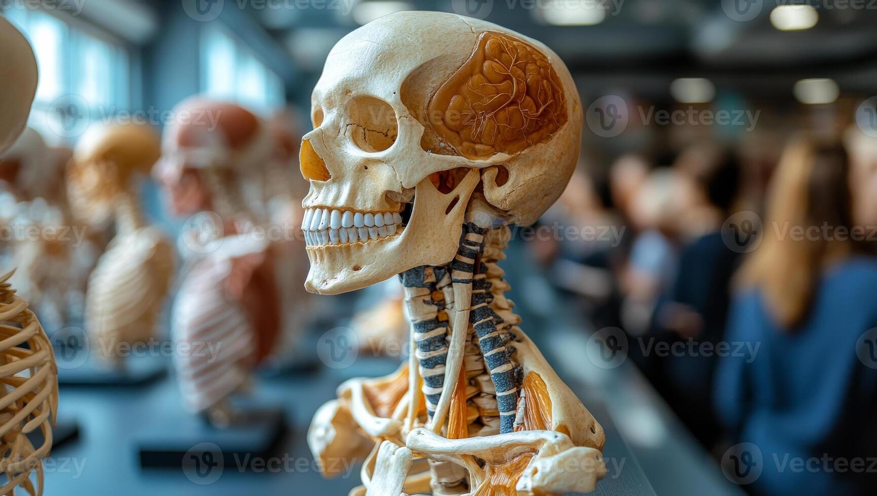 Human skeleton exhibit. Detailed display of a human skeleton and skull model at an educational anatomy exhibit with attendees in the background. photo