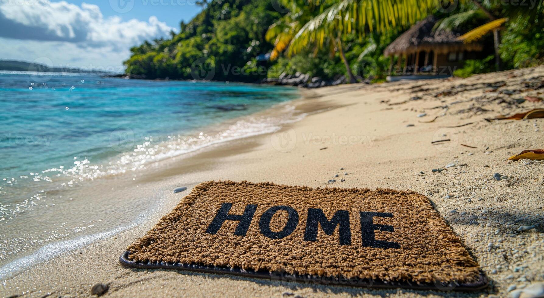 Beautiful beach with welcome mat on sand. A welcome mat with the word home sits on soft sand by a tranquil beach surrounded by lush greenery and calm waters. photo