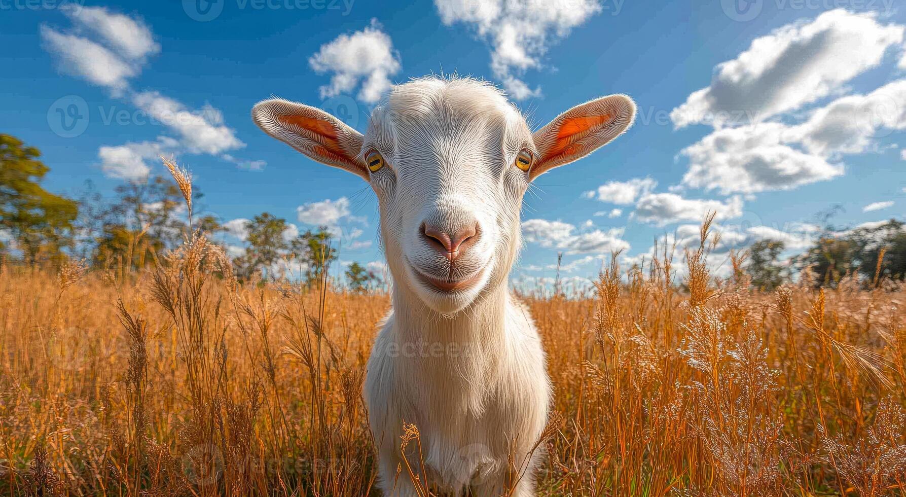 Goat in golden field, blue sky. A friendly goat smiles contentedly in a golden grass field on a sunny day with fluffy white clouds overhead. photo