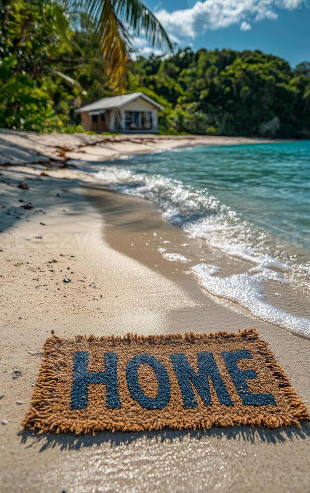 Coastal welcome mat near the beach house. A welcome mat reading HOME rests on the sandy shore, with a beach house visible in the background under a clear sky. photo